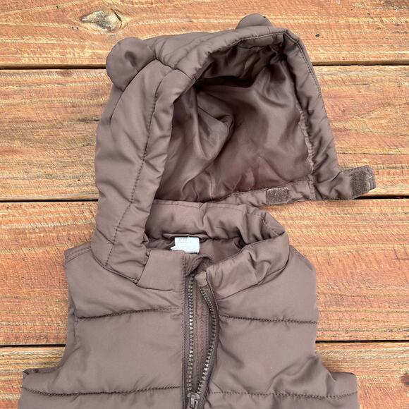 H&M Baby Puffer Vest 6M Brown Bear Hood Unisex Winter Zip Jacket Warm Outerwear - Picture 5 of 11